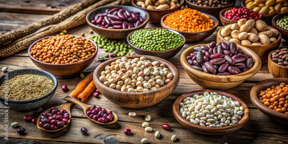 Poster a rustic wooden table showcasing a diverse array of dried legumes and beans in various wooden bowls,