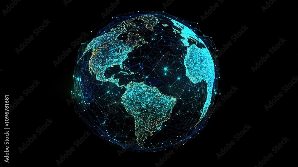 Poster a high-tech representation of earth with vibrant geometric structures and connecting nodes illustrat