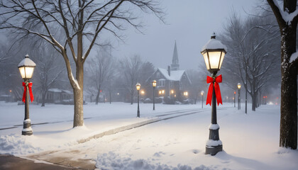 A snow-covered streetlight wrapped with a garland and red bow