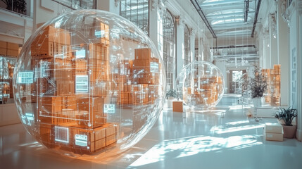 Obraz premium A logistics hub with autonomous forklifts moving pallets,AI-monitored routes for inventory management, Generative AI