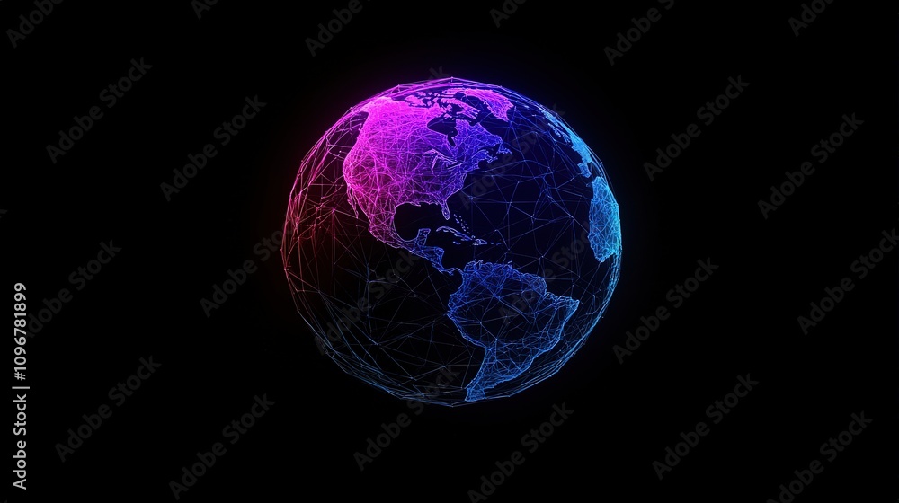 Poster vibrant representation of earth connected by technology, showcasing a complex geometric structure in