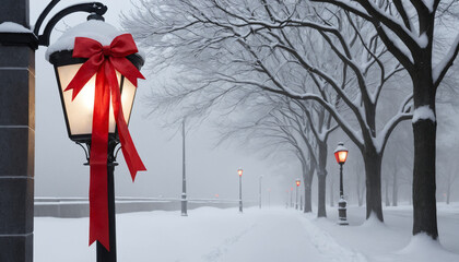 A snow-covered streetlight wrapped with a garland and red bow
