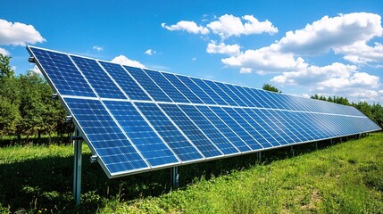 Engineer Conducting a Thorough Check on Solar Cell Photovoltaic Panel Installation in a Vibrant Outdoor Environment Under a Blue Sky