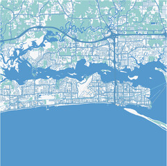 Map of Biloxi in Mississippi in a professional blue style. Contains layered vector with roads water, parks, etc.