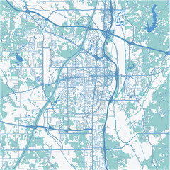 Map of Tupelo in Mississippi in a professional blue style. Contains layered vector with roads water, parks, etc.