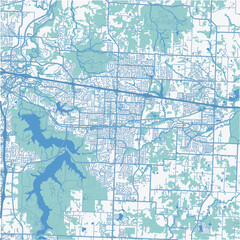 Map of Blue Springs in Missouri in a professional blue style. Contains layered vector with roads water, parks, etc.