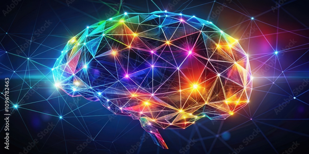 Poster a colorful, geometric representation of a brain within a network of interconnected lines and points
