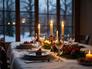 Set dinner table for Christmas Eve, adorned with elegant tableware and festive decorations, candles flickering , snow outside large windows. Festive cozy family winter holidays mood. 