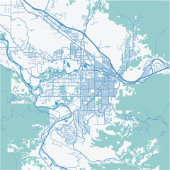 Map of Missoula in Montana in a professional blue style. Contains layered vector with roads water, parks, etc.