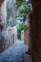 Fototapeta premium Stone alleyway in Monemvasia castle city in the Mediterranean with greenery