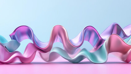 3D render, abstract background with colorful, wavy metallic shapes in pink, purple, and blue colors, with a shiny surface