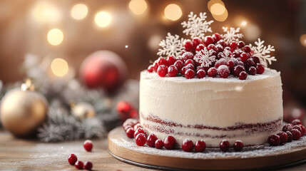 Beautiful decorated festive winter cake with berries and snowflakes