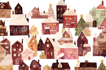 Joyful Watercolor Village with Christmas Trees, holiday celebration, greeting card, festive poster, winter wallpaper, New Year wrap paper pattern design