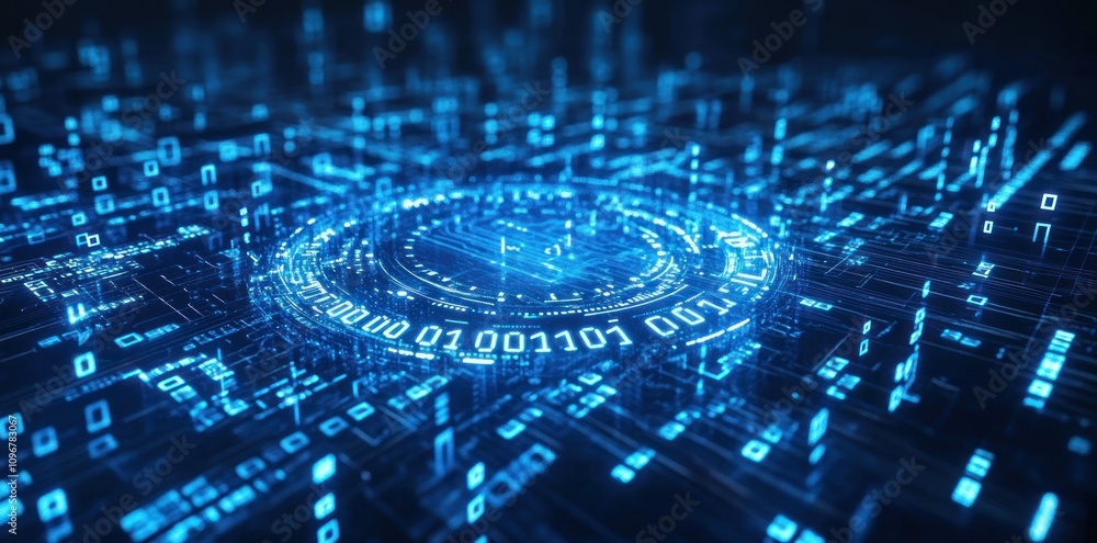 Aufkleber A digital landscape featuring binary code and glowing data elements.