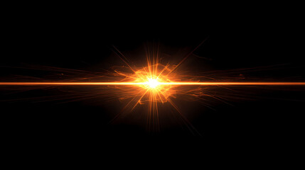 A bright, golden light bursts from a central point on a black background, radiating outward with long, thin beams of light. Radiant Solar Flare. Illustration
