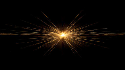 Fototapeta premium A bright, golden light bursts from a central point on a black background, radiating outward with long, thin beams of light. Radiant Solar Flare. Illustration