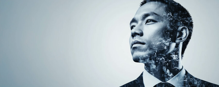 Double exposure of a confident businessman combined with abstract textures, symbolizing innovation, leadership, and forward-thinking in a professional context