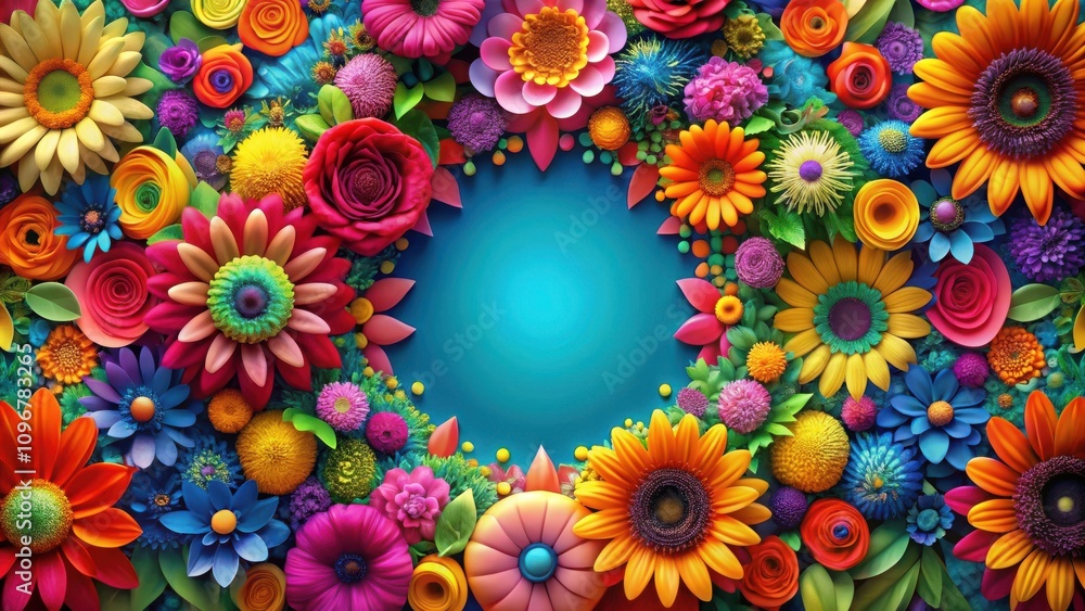 Poster A vibrant and colorful circular arrangement of various stylized flowers, surrounding a blank blue space perfect for adding text or images.