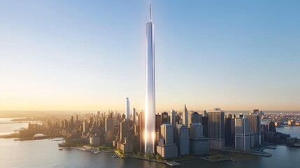 Naklejka premium A futuristic skyline featuring a towering skyscraper amidst a vibrant cityscape.