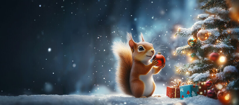  A squirrel is decorating a Christmas tree in the woods.