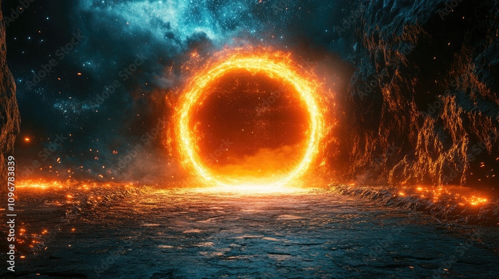 Poster A luminous circular doorway, glowing with cosmic energy, inviting the viewer to step through into an alternate reality or dimension.