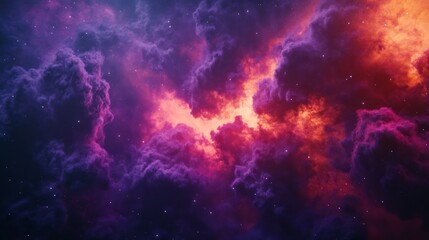 Vibrant nebula with purple, orange, and red clouds.