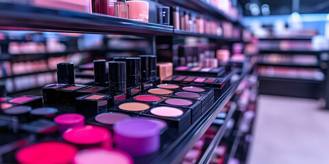 A dazzling array of colorful cosmetics beautifully arranged in a modern store, highlighting beauty, style, and diversity with a vibrant and organized presentation.