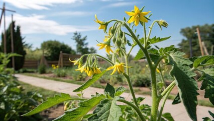 Yellow flowers of a tomato plant blooming in the garden on a sunny day, green, garden, yellow, nature