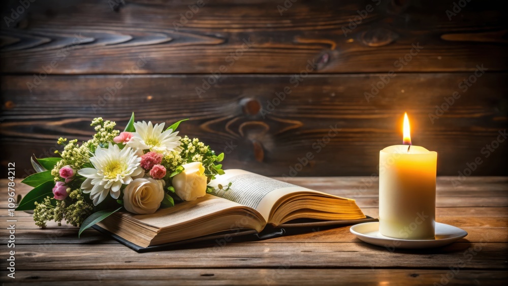 Poster a lit candle stands tall, casting a warm glow on a bouquet of flowers and an open book resting on a 
