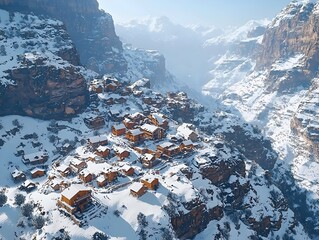 A breathtaking aerial view of a snow-covered village nestled in a mountainous region, showcasing wooden houses surrounded by majestic cliffs and serene winter landscapes.