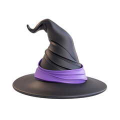 A 3D rendered image of a classic black witches hat with a purple band around the base.