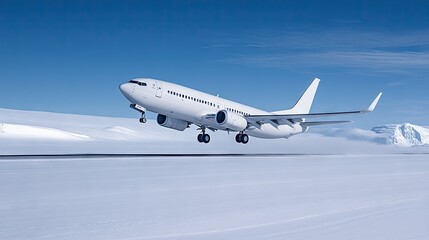 Obraz premium White airplane takes off into the clear blue sky above a snow-covered runway during winter