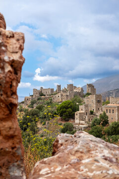 Ancient stone village of Vatheia under a cloudy sky in Greece, Mani, Peloponnese
