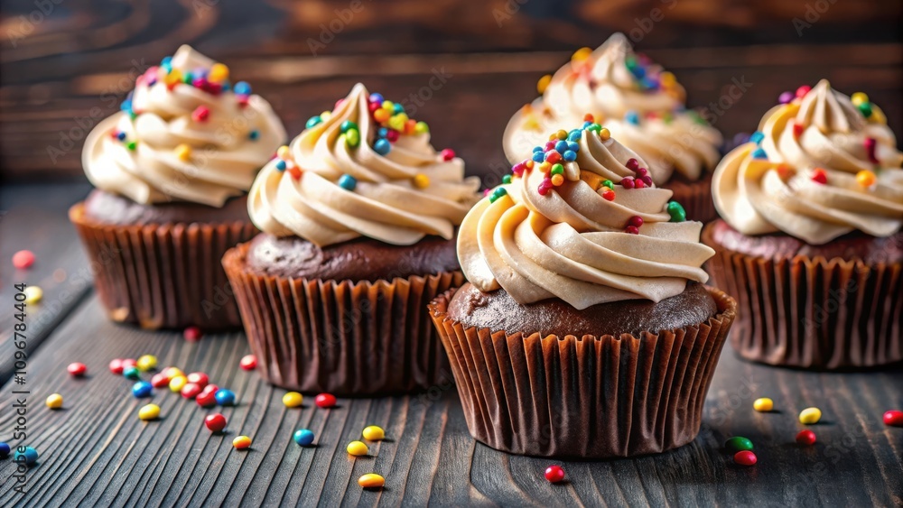 Aufkleber a close up of four chocolate cupcakes topped with vanilla frosting and colorful sprinkles, resting o