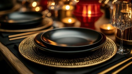 Obraz premium Chinese New Year Table Setting Concept, Elegant Chinese New Year Dining Scene with Dark Plates