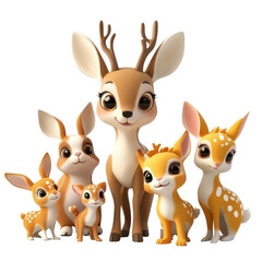Fototapeta premium A charming 3D rendered image depicts a deer family and two bunnies, all appearing happy and close together.