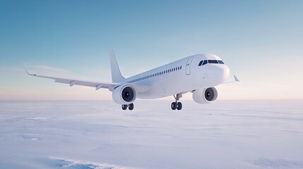 Obraz premium White airplane soaring against a clear blue sky over a snow-covered airport runway during winter