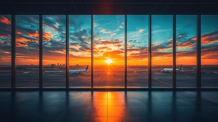 Fototapeta premium Sunset view from an airport terminal highlighting aircraft against a colorful sky
