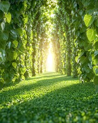 A serene pathway through a lush green archway of foliage, illuminated by soft sunlight, creating a tranquil and inviting atmosphere for nature lovers.