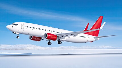Obraz premium White airplane takes off against a pristine blue sky over a snow-covered runway in winter season