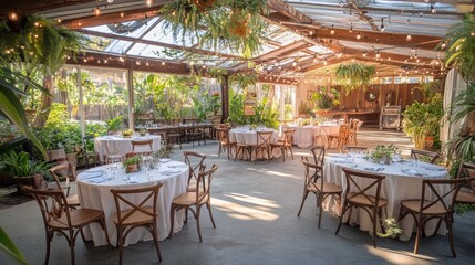 Elegant and Inviting Indoor Venue with Natural Light, Tables and Chairs Surrounded by Lush Greenery for Weddings, Events, and Celebrations in a Greenhouse Setting