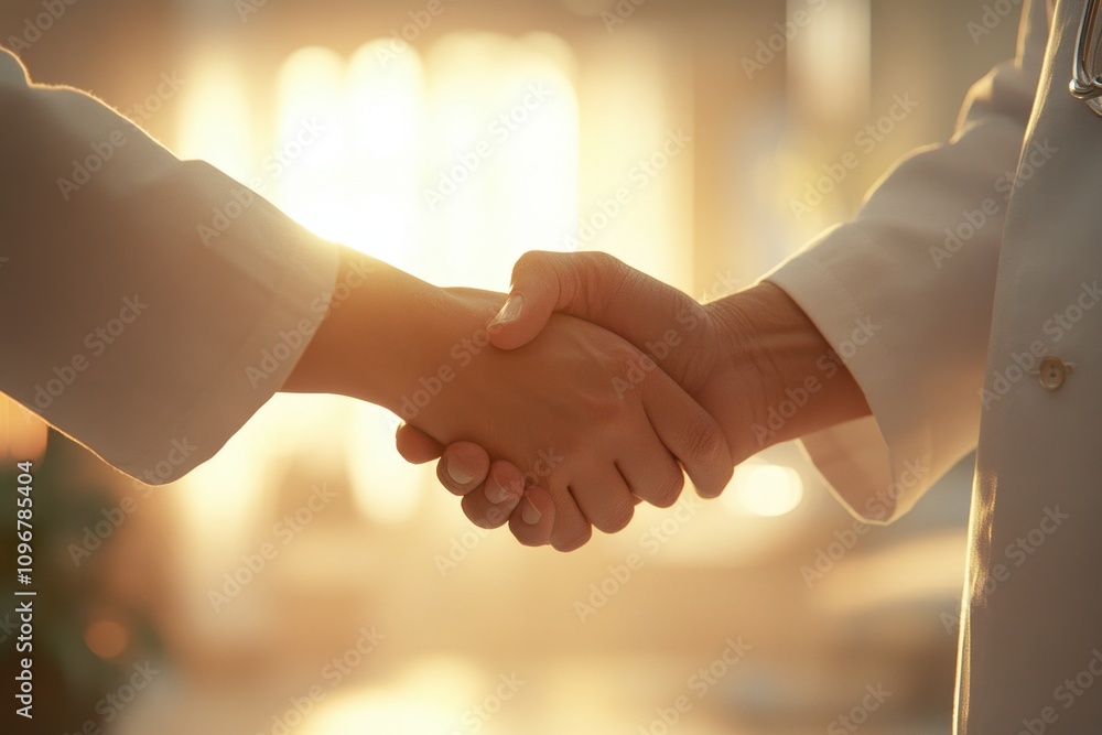 Poster two hands shaking in a professional setting with a warm glow background symbolizing trust and cooper