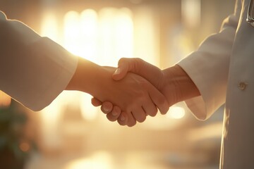 Two Hands Shaking in a Professional Setting with a Warm Glow Background Symbolizing Trust and Cooperation in Business or Healthcare Relationships