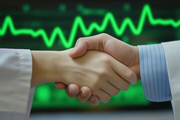 Close-up of Two Healthcare Professionals Shaking Hands Against a Background of Heart Rate Monitor Display, Symbolizing Trust and Collaboration in Medical Science
