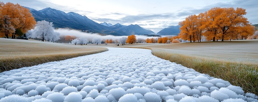 The serene valley was suddenly disrupted by an unforeseen hailstorm, as ice pellets pelted the ground, transforming the once peaceful landscape into a surreal scene of frozen beauty