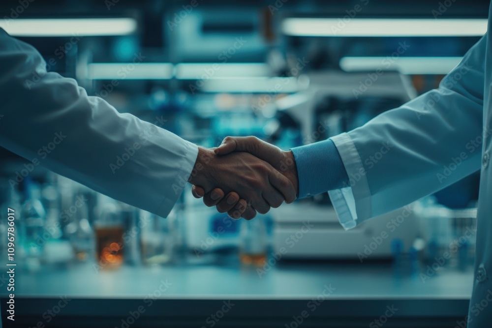 Aufkleber collaboration in a scientific environment: hands of two researchers shaking hands to signify partner