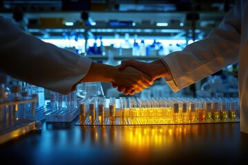 Scientists in Laboratory Shaking Hands Over Research Collaboration Amidst Laboratory Equipment and Colorful Test Tubes Illuminated by Soft Lighting