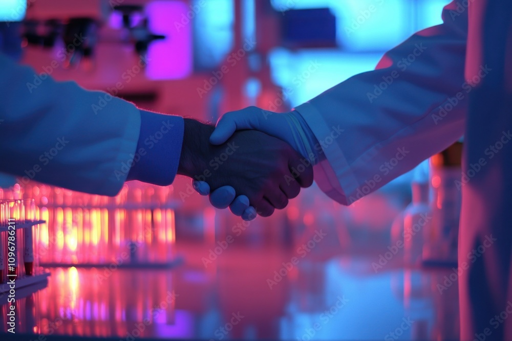 Aufkleber close-up view of a handshake between two scientists in laboratory setting with colorful lighting, sy