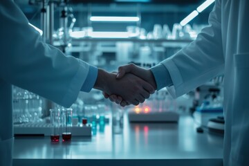 Partnership and Collaboration in Scientific Research: Two Researchers Shaking Hands in a Modern Laboratory with Sophisticated Equipment and Glassware in Focus