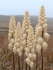 A cluster of delicate white flowering stalks stands tall in a serene landscape, surrounded by brown grass, creating a striking contrast against the muted background.